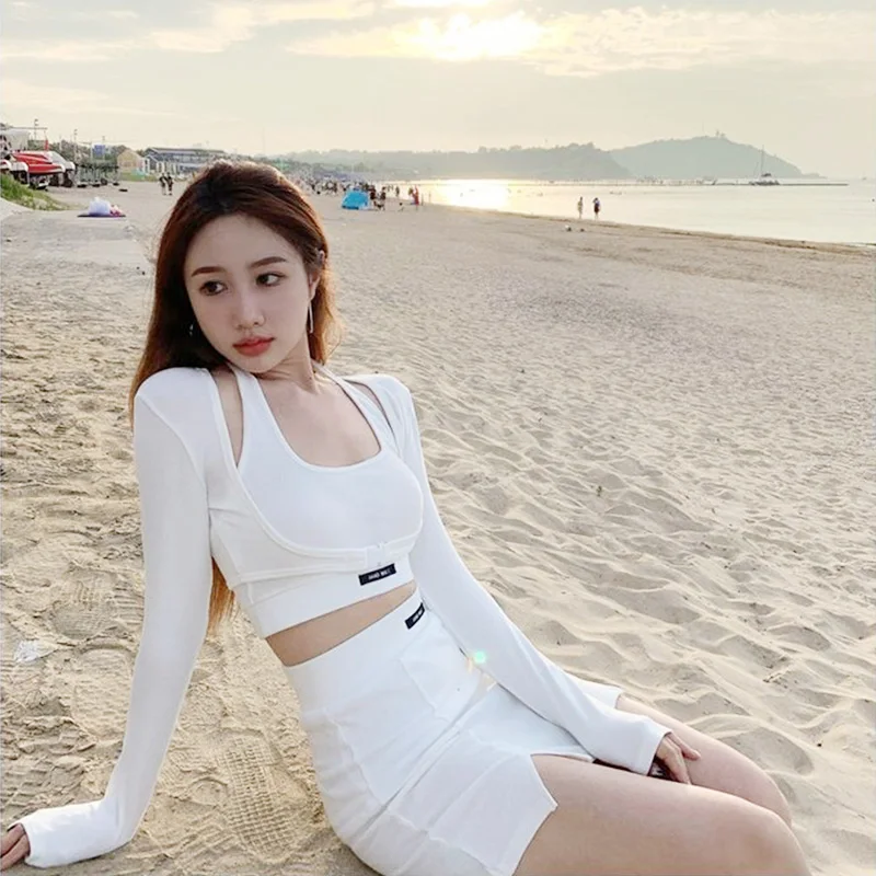 3 Pieces Sets White knitting Blouses + Tops+Skirt Summer Women Casual Sweet long Sleeve Tops And A Line Mini Skirts