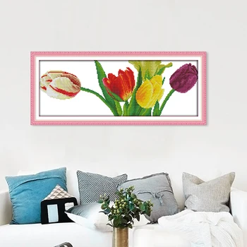 

Small tulip Counted DMC DIY Cross Stitch kits , flowers Embroidery Handwork Needlework Set, Home Decoration Send Accessory Tools