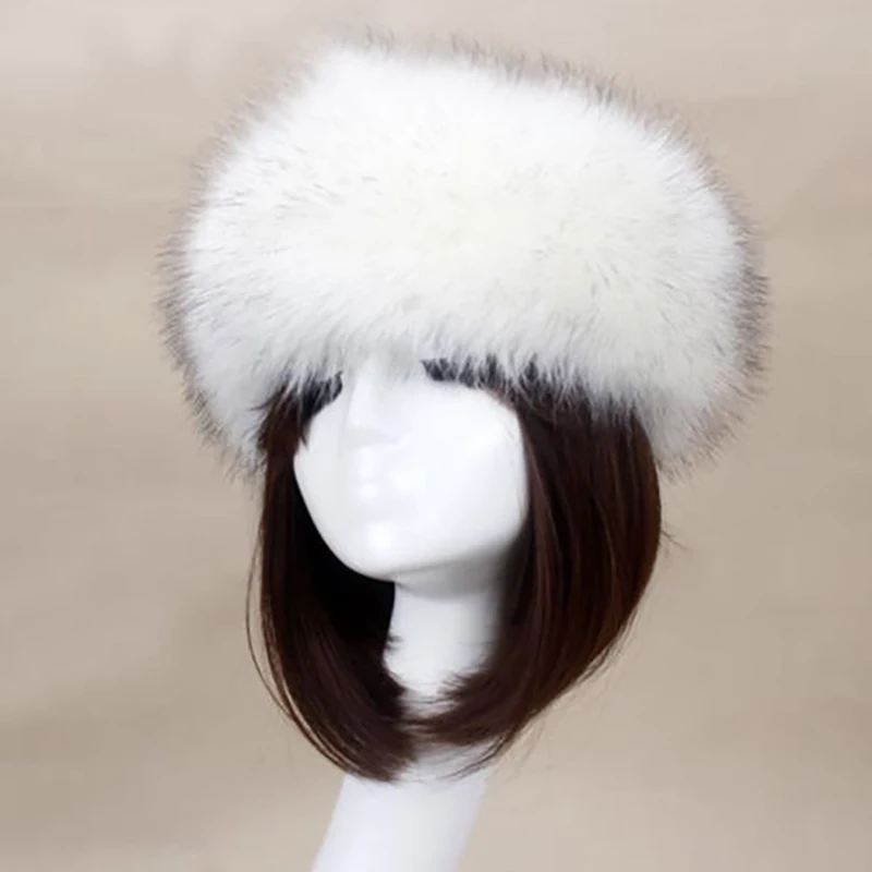 White Black Ski Hat Snow Cap Cossack Fluffy Outdoor Mutil Color Faux Fur Earmuffs Ushanka Women Russian Warmer Ear Headband - Цвет: White Black