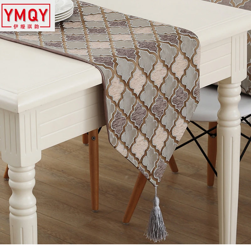 

European Style Table Runner Luxury Nylon Jacquard Runner Table Cloth With Tassels Cutwork Embroidered Table Runner H