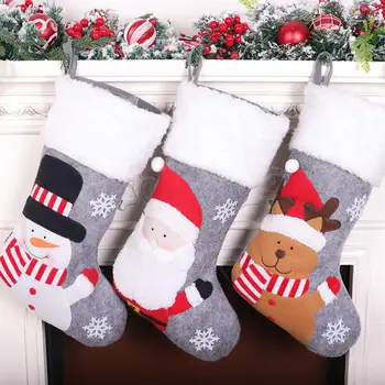 

1PCS Christmas Stockings Socks with Snowman Santa Elk Bear Printing Xmas Candy Gift Bag Fireplace Xmas Tree Decoration New Year