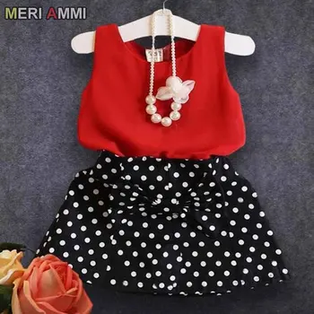 

MERI AMMI 2pcs Outfit Set Children Girl Clothing Set Bow knot Sleeveless Vest+Dots Skirts For 2-11 Year Girl,J514