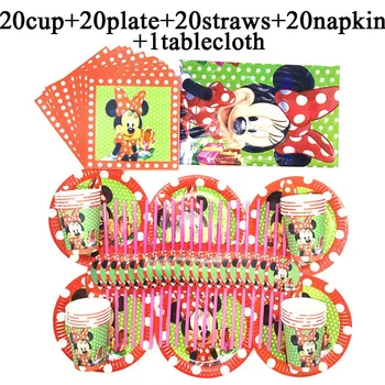 

For 20 Person Minnie Birthday Red Theme Party Supplies Set Baby Girl Decoration Cartoon Minnie Mouse Party Cups Tablecover Plate