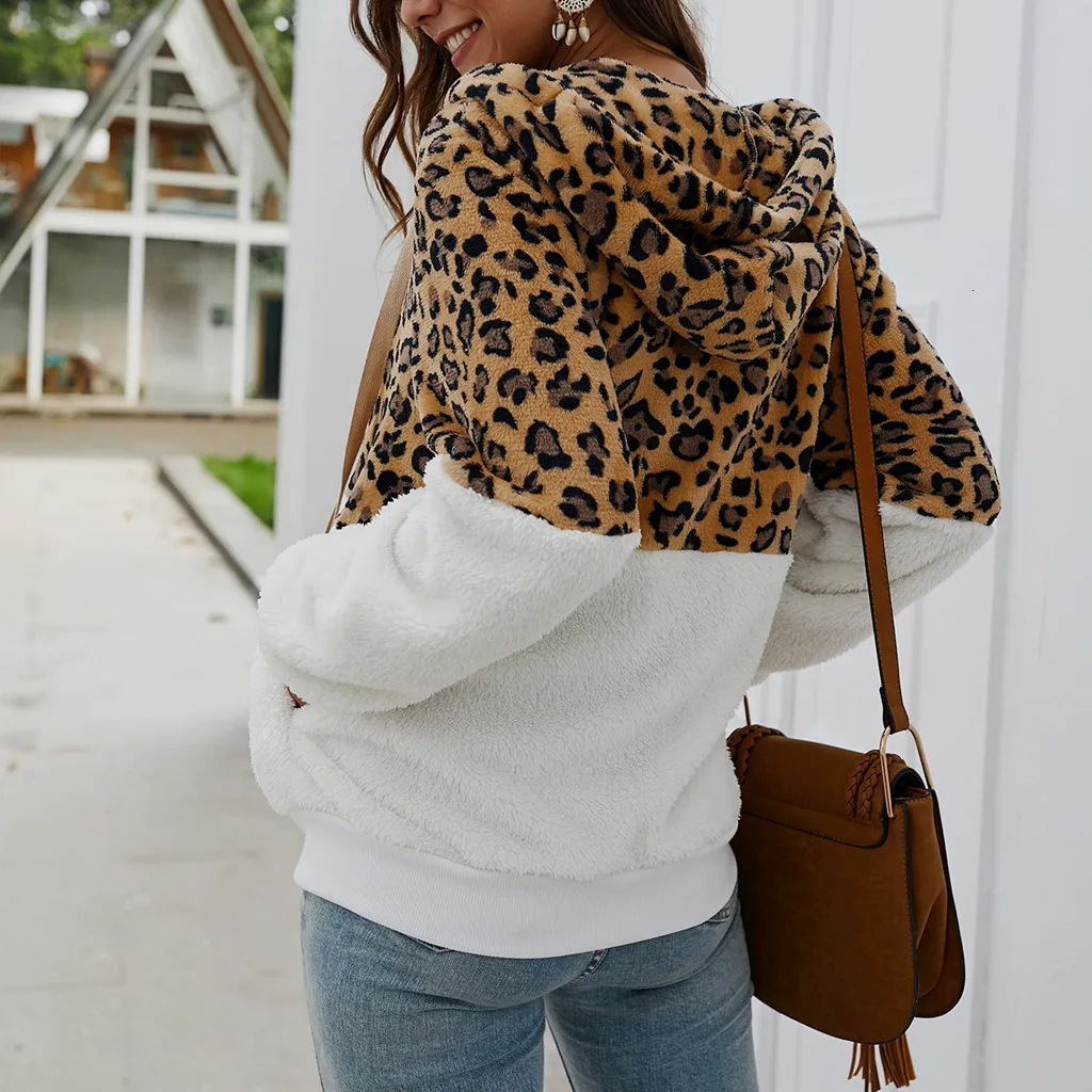 Finest  Women Coat Leopard Print Patchwork Fleece Jacket Autumn Winter Warm Long Sleeves Hooded Coat Female