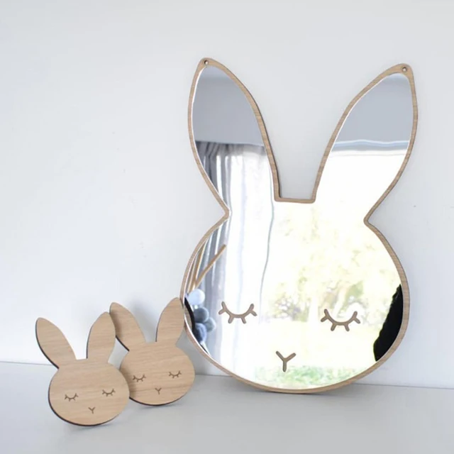 Acrylic Mirror Nordic Style Wood Acrylic Mirror Frame Cute Rabbit Shape Cartoon Decorative Mirror For Baby Nursery Room Decor