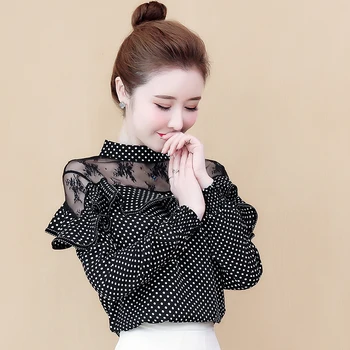 

COIGARSAM Cute Chiffon Full Sleeve Lace blouse women blusas womens tops and blouses White Black 8705