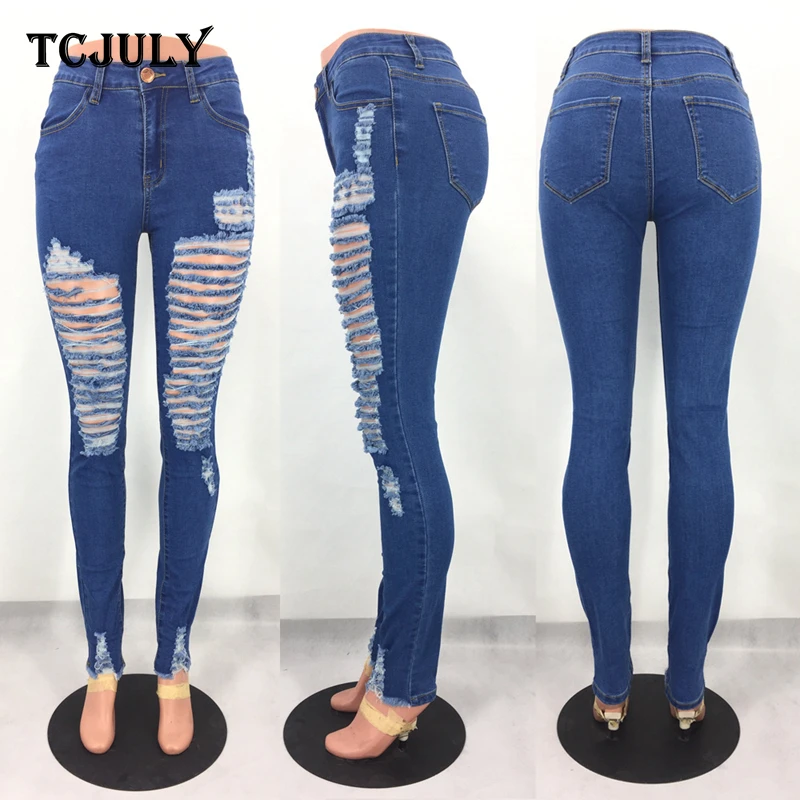 TCJULY новые уличные хлопковые рваные джинсы для женщин высококачественные узкие джинсовые брюки с дырками стрейч джинсы стираного синего цвета