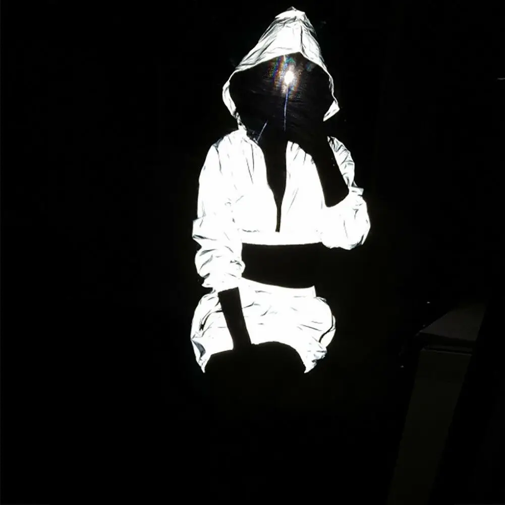 

1PC Sexy Hip Hop Women Reflective Hooded Zipper Crop Tops Solid Elastic High Waist Skirt Clubwear Bodycon Tracksuit outfits