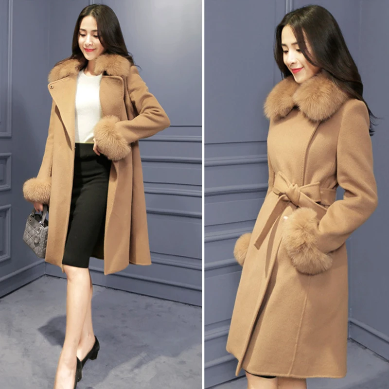 #*Cheap Winter New Women #039;s Coats Casual Fashion Clothing Thickening Plus Cotton Wool Coat Fur Collar Waistband Woolen Long Solid Jackets