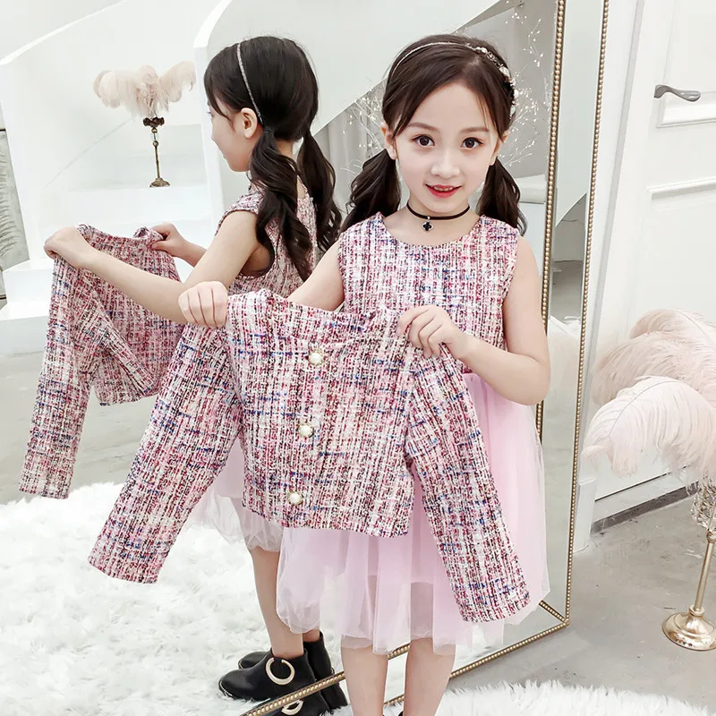

2019 Autumn Korean Girls Clothing Sets High Qiality Full Sleeve Cardigan Coat+Vest Mesh Dress 2pc Princess Party Suit For 2-7Yrs