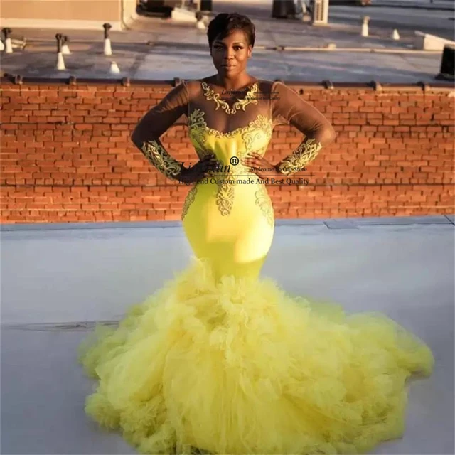 African Yellow Mermaid Prom Dresses 2022 Sheer Neck Long Sleeve Lace Plus  Size Evening Gowns Tiered Ruffles Formal Party Dress - AliExpress