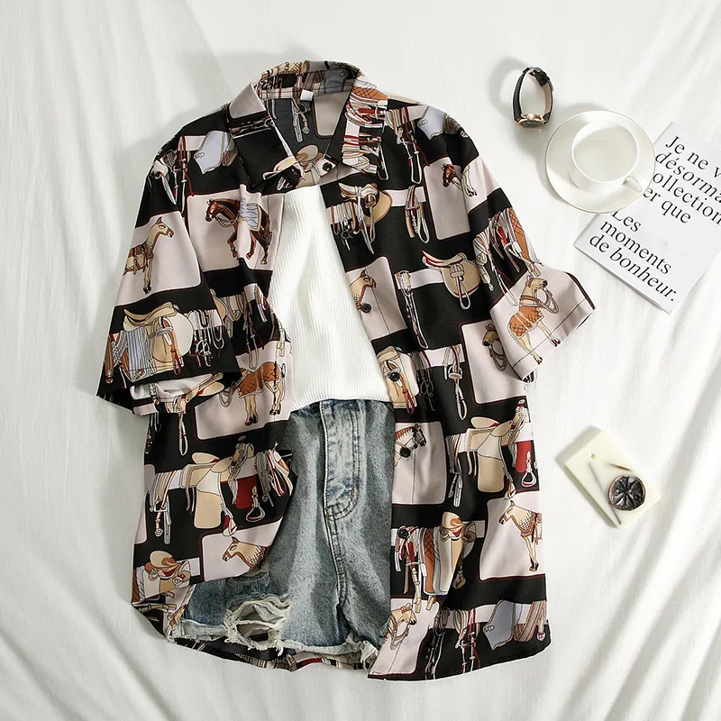 Retro Short Sleeve Women Blouses Work Office Shirts Casual Tops Ladies House Print Oversized Shirt Summer Women Fashion Clothing