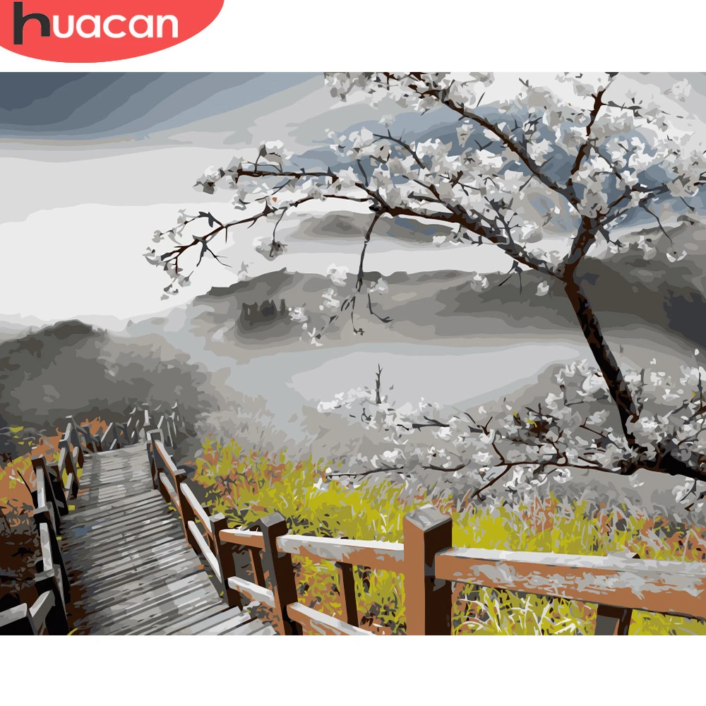 HUACAN Painting By Number Bridge Landscape Wall Art Picture Tree Drawing Canvas Acrylic Handpainted Gift Home Decor | Дом и сад