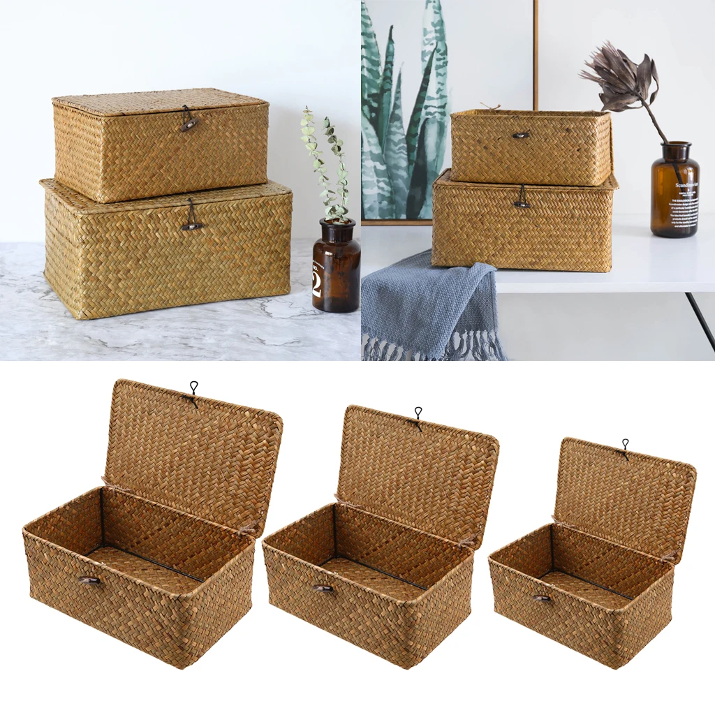 Multi-Purpose Woven Seagrass Storage Box Baskets for Home Decor, Organization, Natural Storage Basket Basket with Lid & Cover