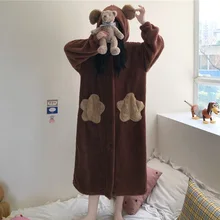 Winter Nightgowns Man Women Thick Keep Warm Coral Velvet Long Cute Bear Ear Homewear Korean Kawaii Girl Nightdress Couple Models