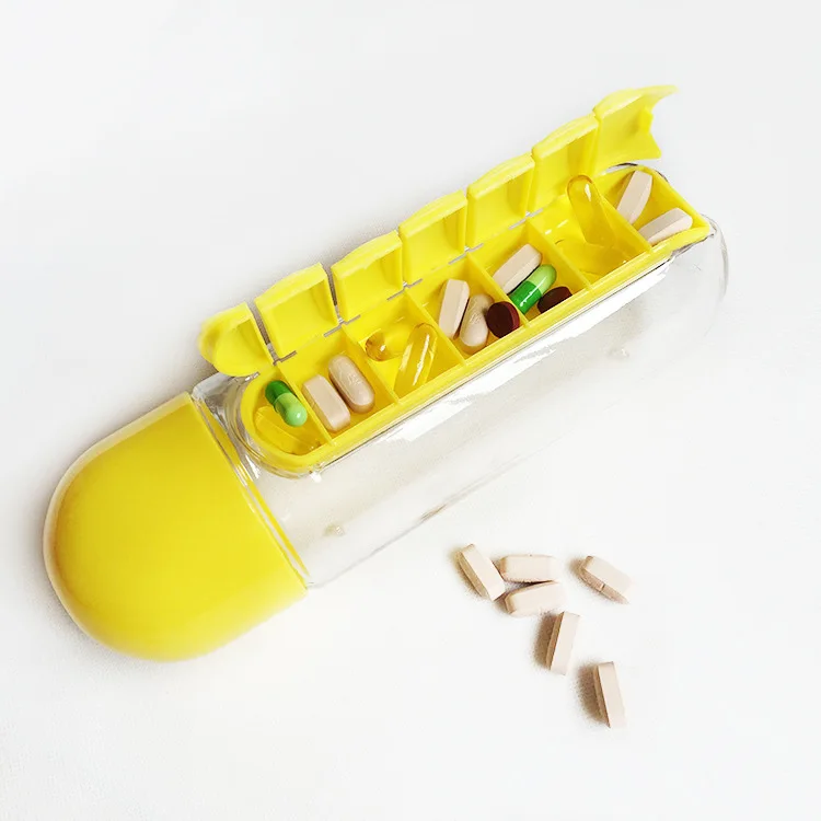 600 мл 2 в 1 коробка для таблеток бутылка для воды на открытом воздухе 7 отсеков органайзер для лекарств с бутылкой для питья портативный планшет для переноски - Цвет: Цвет: желтый