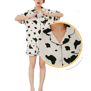 

1 Set of 2Pcs Summer Women Pajamas Cartoon Cow Pajamas Cotton Cardigan Short Sleeve Shorts Casual Homewear Two-Piece Set (White