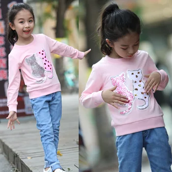 

Cartoon Sequins Cat Sweatshirt Kids Girls Spring 2020 Children Cotton Long Sleeve Tshirts Fashion Cute Tops Toddler Clothes