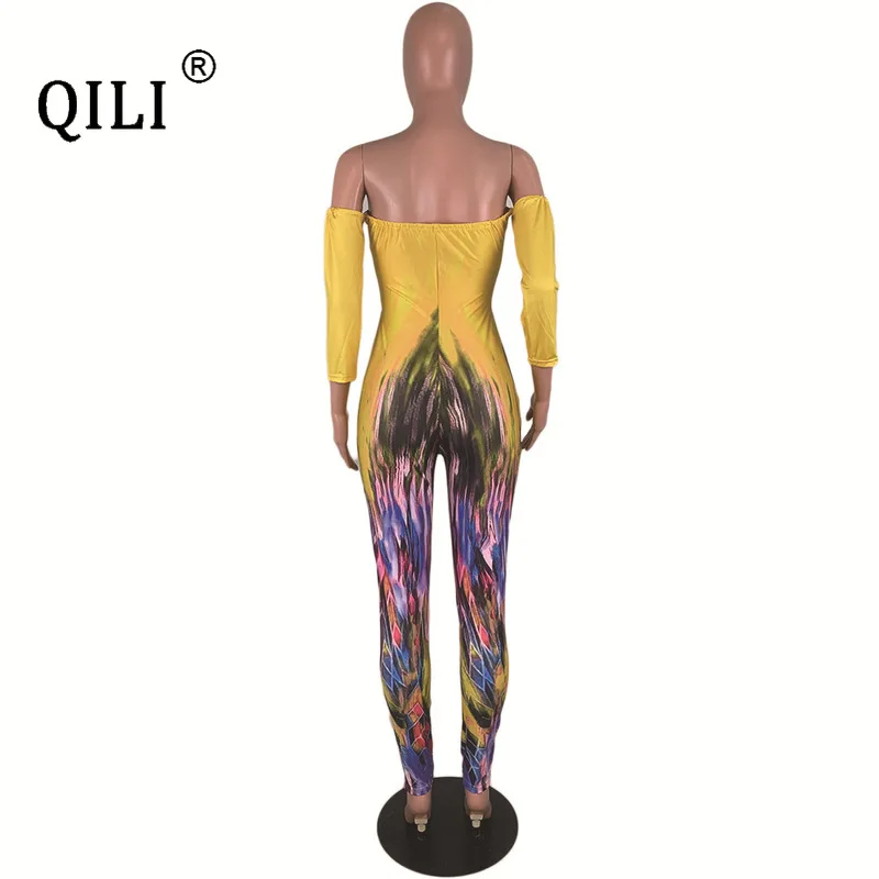 QILI Women Off The Shoulder Sexy Jumpsuits Slash Neck Long Sleeve Hollow Out Drawsthing Bodycon Jumpsuit Club Rompers Plus Size