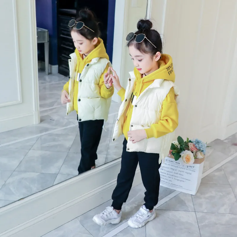 Новинка года, детский костюм в Корейском стиле зимняя одежда для девочек модная детская одежда из трех предметов, куртка спортивный комплект с жилетом толстовка с капюшоном, От 3 до 14 лет, 359