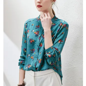 

Women Shirt 2020 Spring Green silk shirt