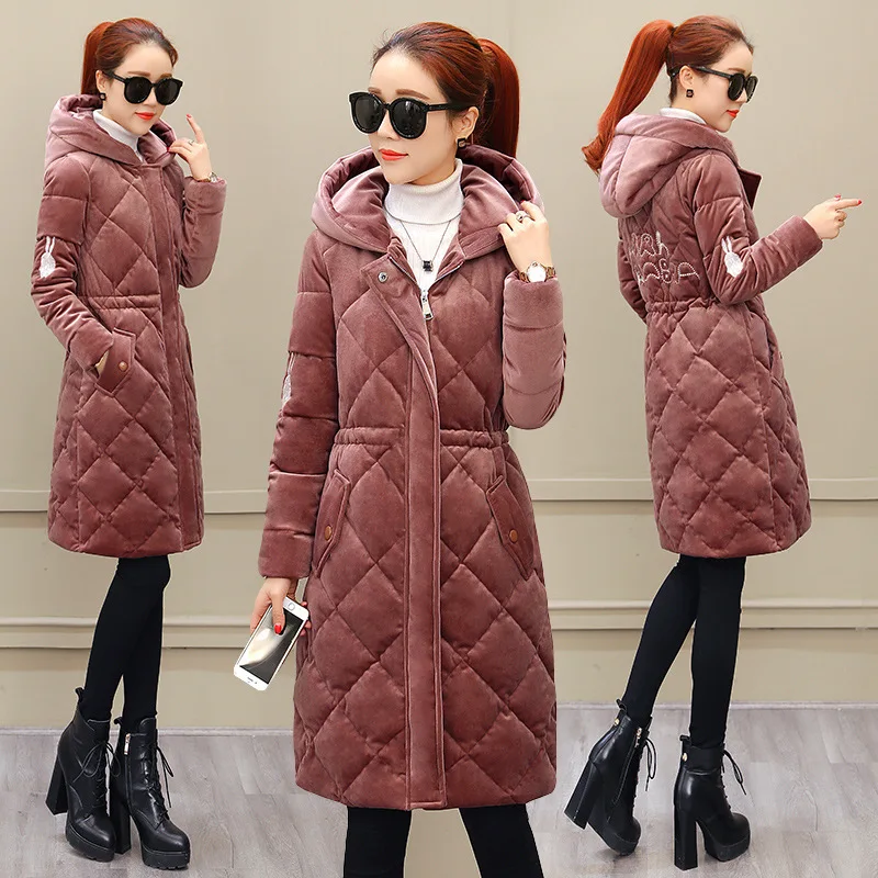 

Gold Velvet Cotton Coat Women's Mid-length Elegant Slim Fit Slimming Women's Winter Warm Coat Hooded Cold Cotton-padded Jacket S