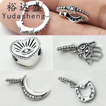 

2020 Autumn 100% 925 Sterling Silver Protective Hand Good Luck Horseshoe Dangle Charm Sparkling Crescent Moon Pendant
