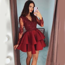 

Red V Neck Homecoming Dresses Stylish Tiered Long Sleeve Beaded Lace Applique Short Prom Dress Lovely Fashion Celebrity Cocktail