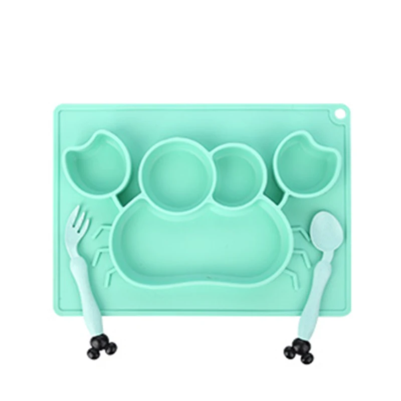 3 шт., детская силиконовая обеденная тарелка, мультяшный китовый краб, столовая посуда для малышей, набор для кормления детей, миска и тарелка, детские блюда, антиосенний поднос - Цвет: Crab Green