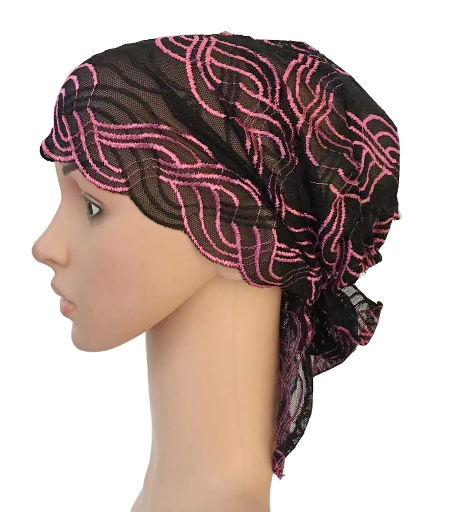 Flower Women Muslim Inner Cap Lace Head Wrap Cover Scarf Islamic Headwear Bonnet Hat Skullies Beanies Hair Loss Fashion