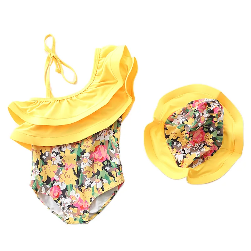 От 1 до 7 лет купальный костюм для маленьких девочек детский купальный костюм с оборками, купальный костюм для детей, цельная пляжная одежда для девочек с Cap-SW442 - Цвет: Yellow