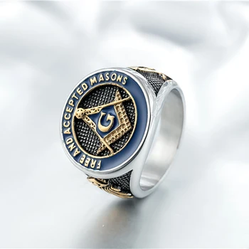 

Stainless Steel Blue Gold Masonic Freemason Ring Jewelry For Men Blue Free and Accepted Masons Symbol Signet Band Jewelry