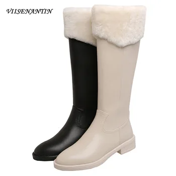 

Plush Women Flat Bottom 2020 Winter New All-match Black Genuine Leather Long Boots Platform Zipper Mid Heel Round Toe Shoes