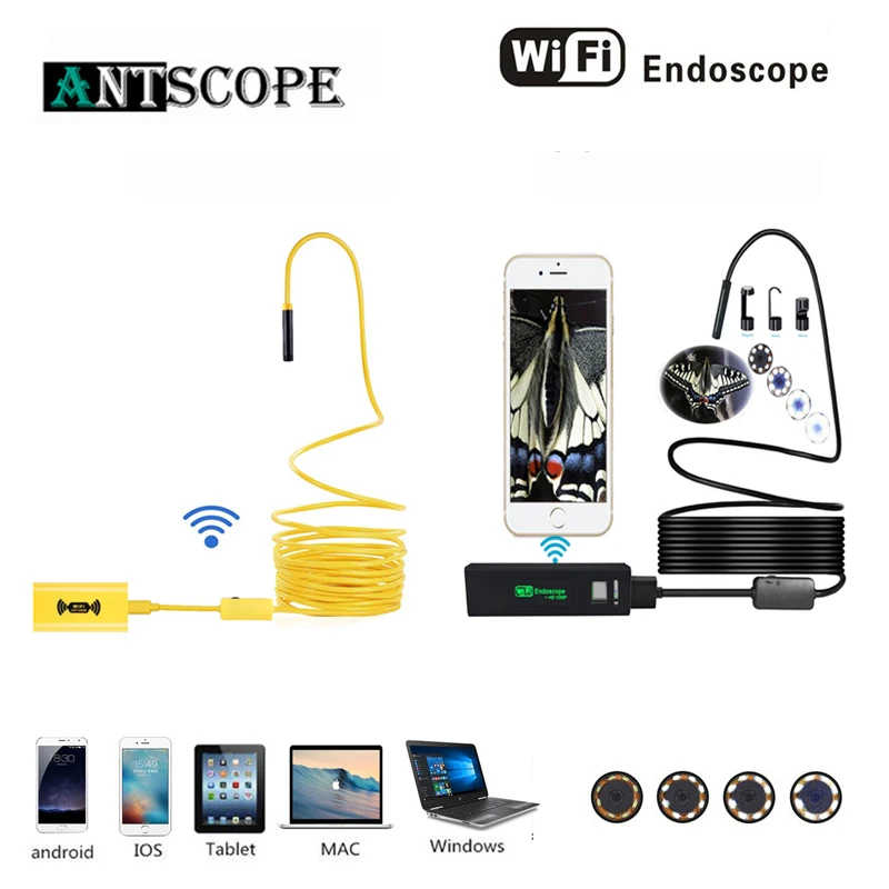 Antscope Wifi 8 мм эндоскоп 1/2/3. 5/5/10 м желтый и черный Hardwire 1200P Android iOS камера эндоскопа