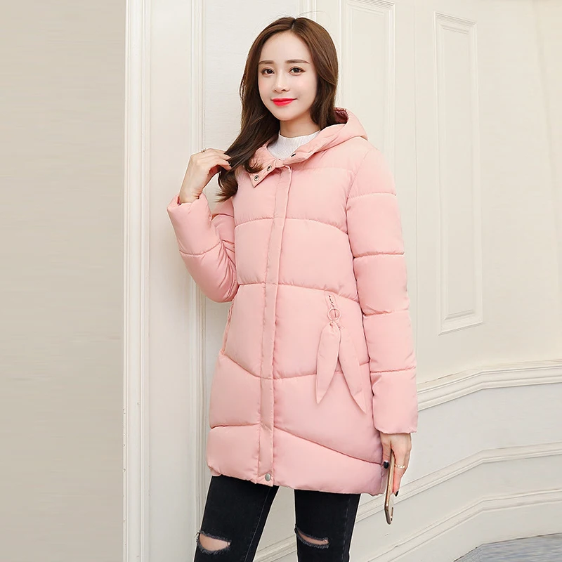FICUSRONG, повседневное пальто средней длины с капюшоном, тонкая однотонная Осенняя зимняя куртка, женская пуховая парка - Цвет: Розовый