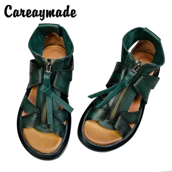 

Careaymade-Summer New Retro Fashion Casual Leather Hand Muffin Thick Split Toe Sandal Boots Flip-Flop Rome Female Sandals