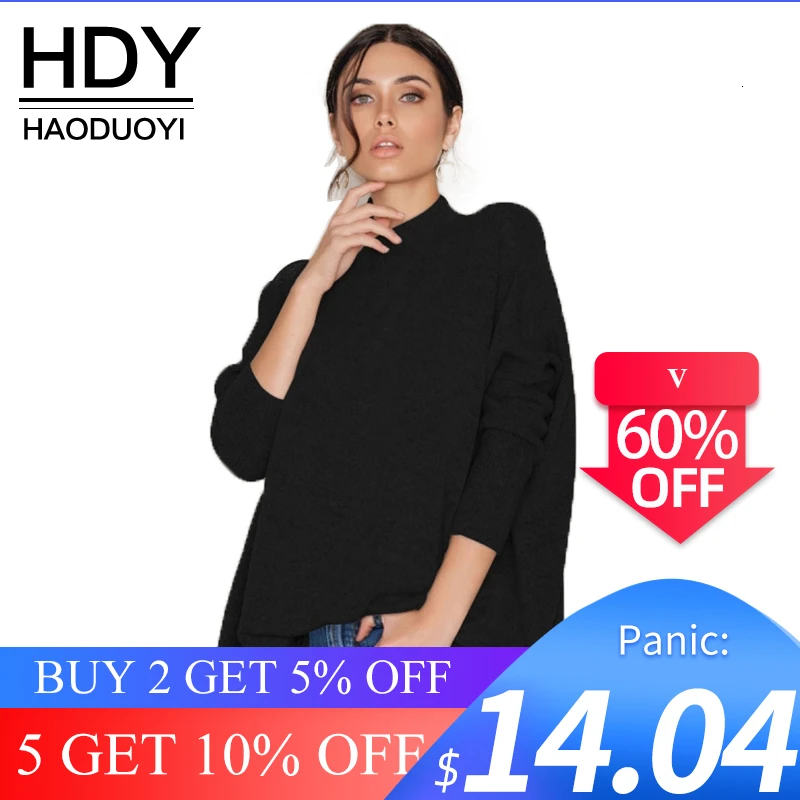 HDY Haoduoyi модный свитер Для женщин Повседневное сплошной черный длинный рукав Пуловеры для женщин Краткое Свободные Водолазка осень, для женщин Свитеры для женщин