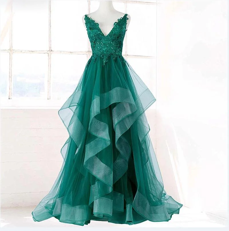 

Green Evening Dresses V-neck Ruffels A-line Evening Party Gowns Appliques Sequins Sweep Train Formal Dresses Robe De Soiree