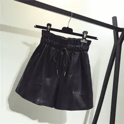 Fakuntnnew cintura alta atados acima shorts flor bud perna larga shorts de couro outono inverno coreano solto high street preto sexy feminino