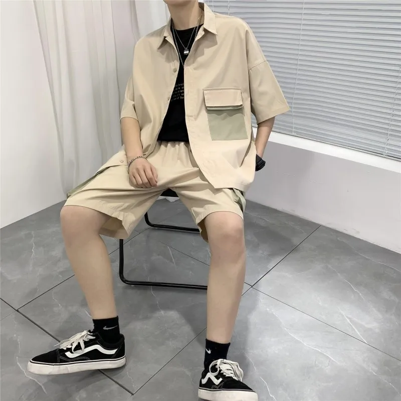 2021 set da uomo estivi camicie e pantaloncini moda abito Oversize  abbigliamento Patchwork tasca Cargo manica corta Casual Streetwear|Men's  Sets| - AliExpress