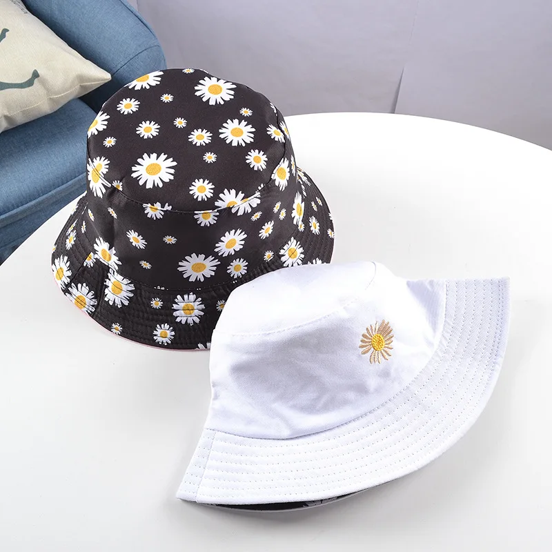 Daisies Embroidered Buckets Hat Cow Women Transparent Lace Flower Beach Panama Hats Top Snapback Fashion Daisy Sun Cap Summer pink fur bucket hat