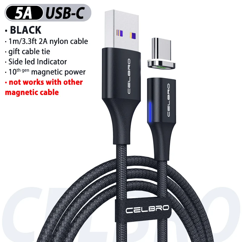 Магнитный кабель USB Type C 5A для Huawei P40 Pro Xiaomi Mi 10 Samsung Galaxy S20 Plus сверхбыстрое зарядное