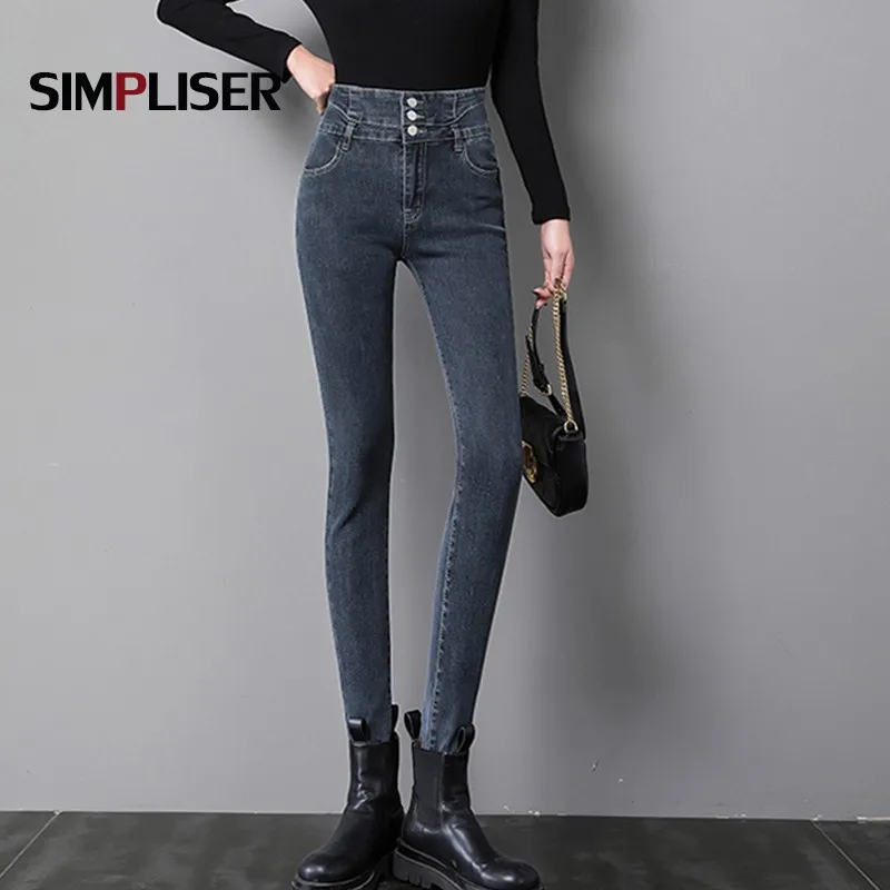 

Vintage Women Denim Jeans Trousers High Waisted Black Grey Blue Mom Jeans 26-32 Ladies Thicken Warm Velvet Leggings 2022