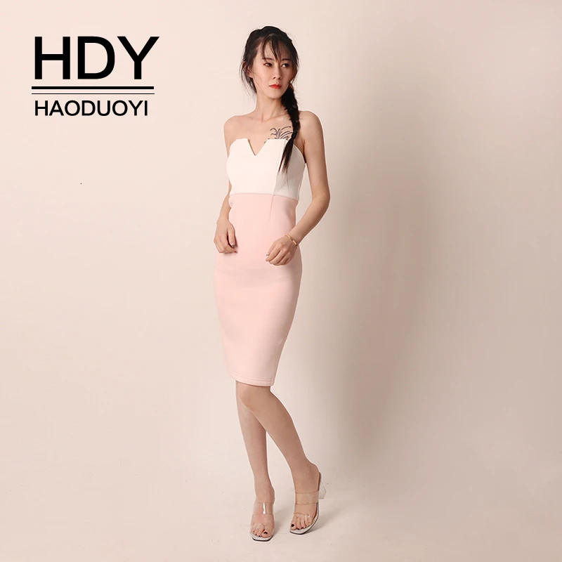

HDY Haoduoyi 2019 New Fashion Sexy Office Lady Small V-neck Strapless Stitching Color Tight-fitting Hip Sleeveless Dress