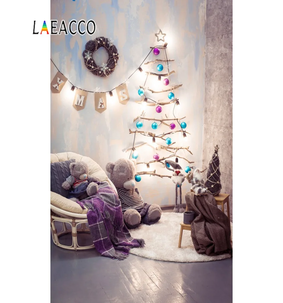 Laeacco фон для фотосъемки с рождественской елкой плюшевый мишка диван венок