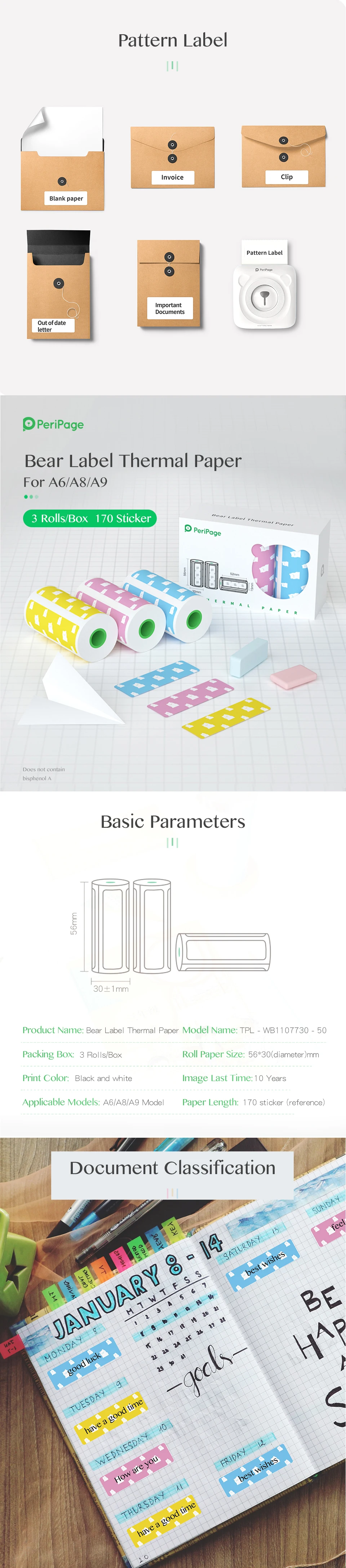 Papel fotográfico térmico Rolls, 58mm, 57x30mm, Cor