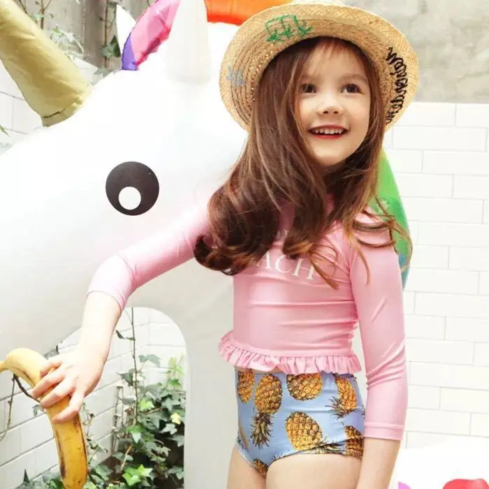 

Korean-style Fashion Child CHILDREN'S Swimwear Split Long Sleeve Sun-resistant Japanese-style Sweet Triangular Girls Hot Springs