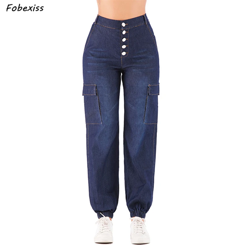 

Cargo Jeans Women Plus Size Streetwear High Waist Mom Jeans Elastic Waist Pockets Denim Loose Slim Jeans 2019 Autumn Woman Jeans