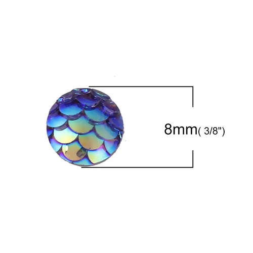 50PCs 8mm/12mm Resin Round Mermaid Fish Dragon Scale Dome Seals Cabochon Royal Blue AB Color For DIY Earring Jewelry Making 8mm Dia