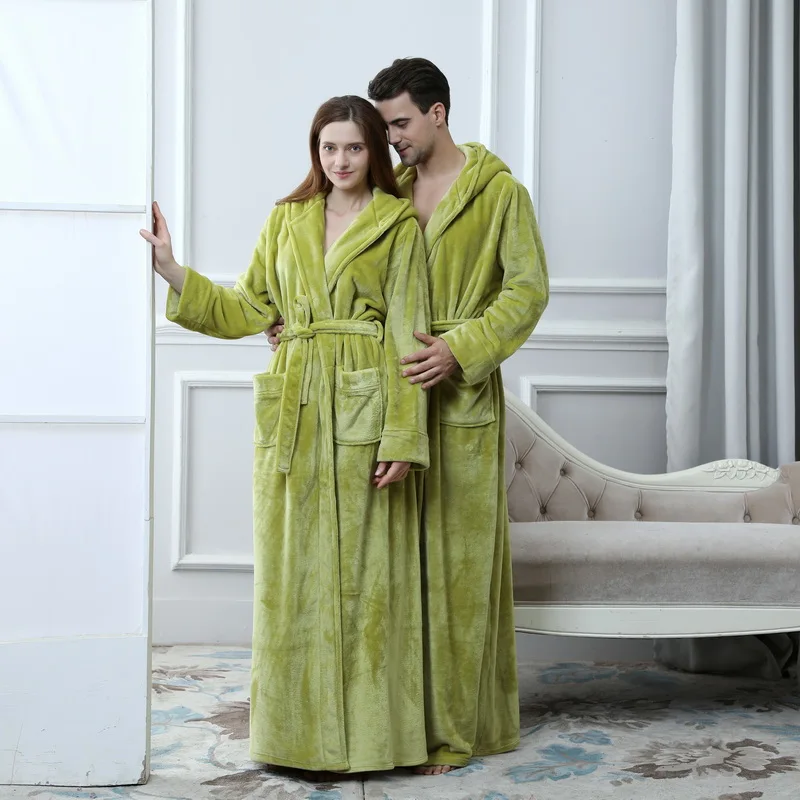Women Men Winter Plus Size Flannel Bathrobe Extra Long Hooded Warm Lovers Thick Kimono Bath Robe Cozy Coral Fleece Dressing Gown women sleepwear cotton bathrobe